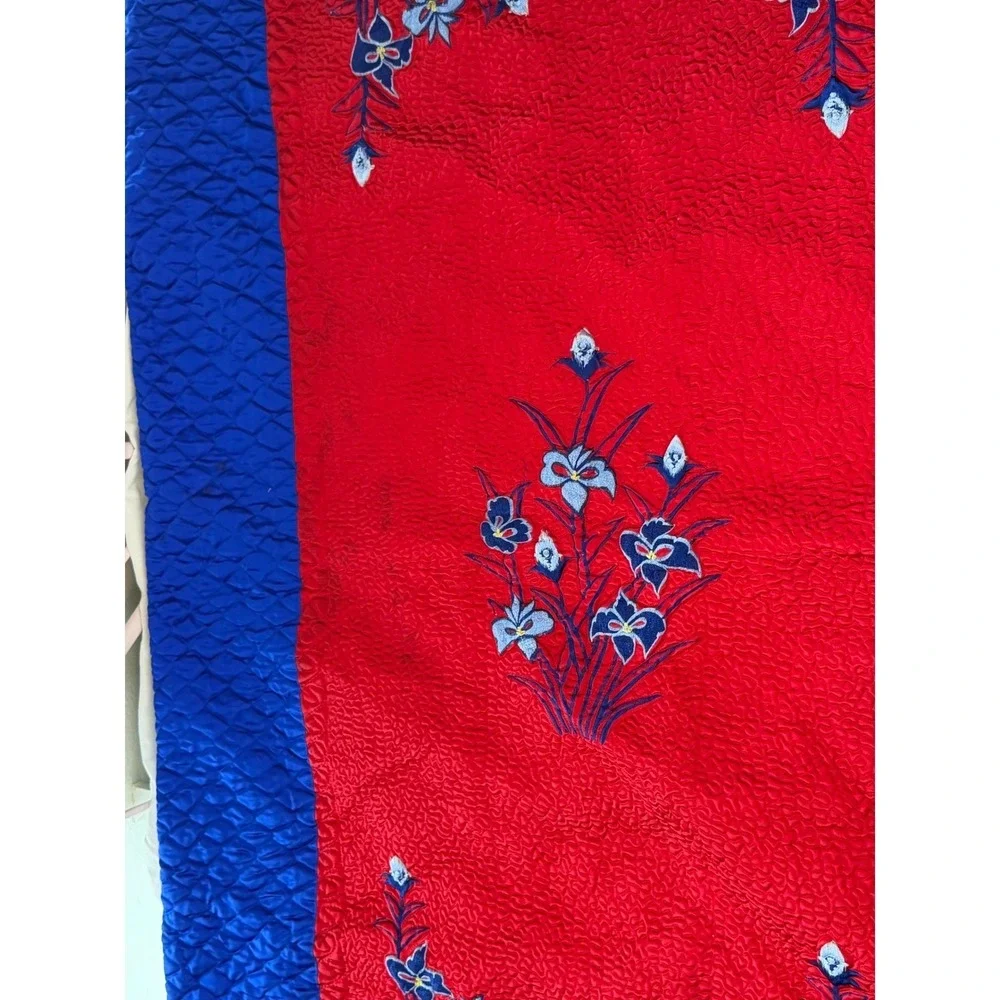 Vintage Asian‎ Quilted Embroidered Duvet Cover Set of 2 Red Blue Floral Boho VTG